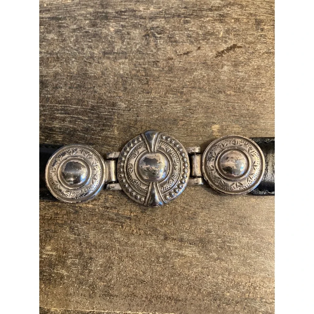 Fossil Black Leather Western Concho Link Belt Silver Tone Etched Buckle Large